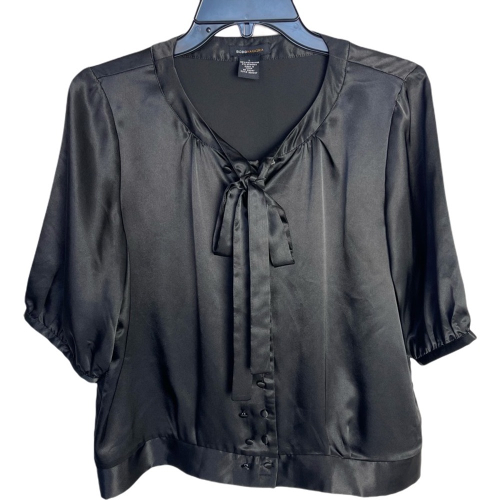 BCBGMaxAzria Black Tie neck button down elbow sleeve satin crop blouse size L